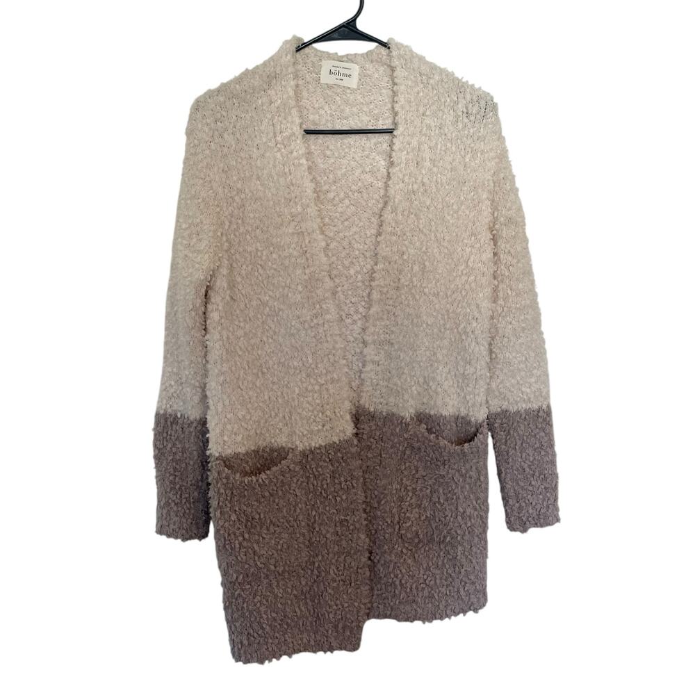 Bohme Plush Colorblock Long Sleeve Open Front  Cardigan Cream Tan Womens Size XS - Picture 2 of 11